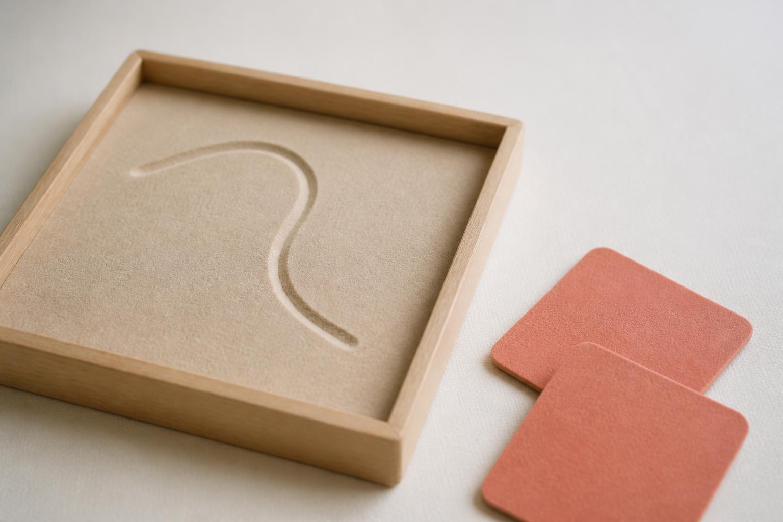 A shallow sand tray with a single traced curved line beside two coral tiles on a pale surface.