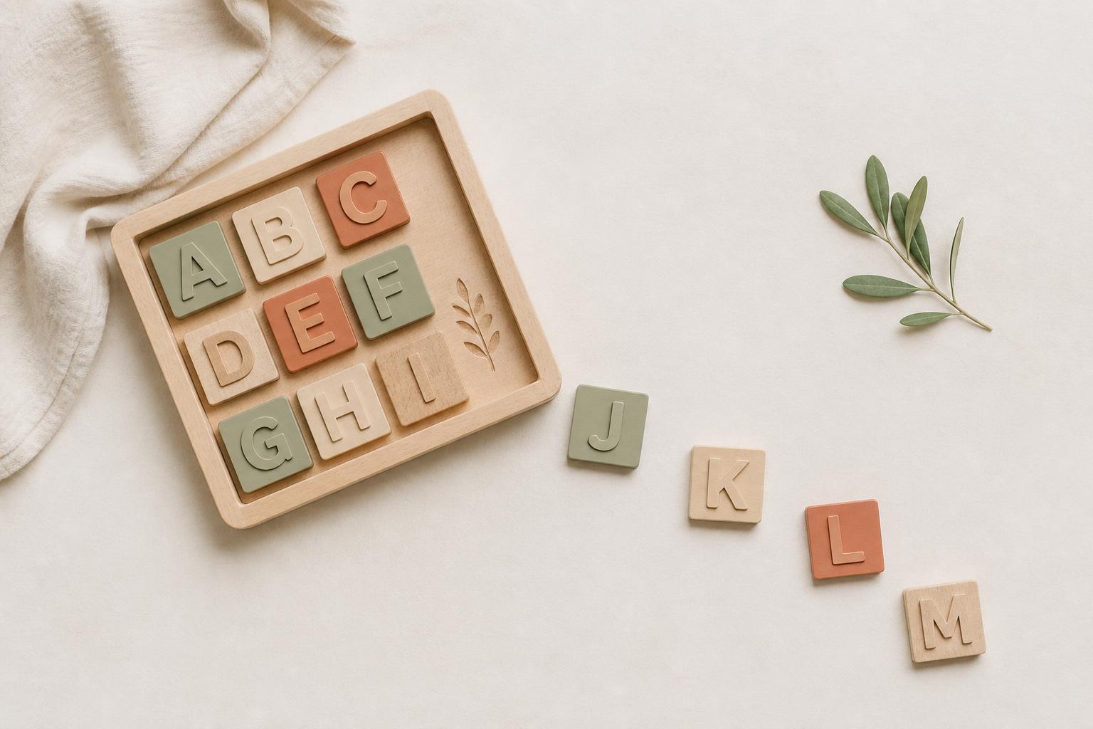 A wooden tray of muted letter tiles with several tiles trailing across an off-white surface, as though recently moved.