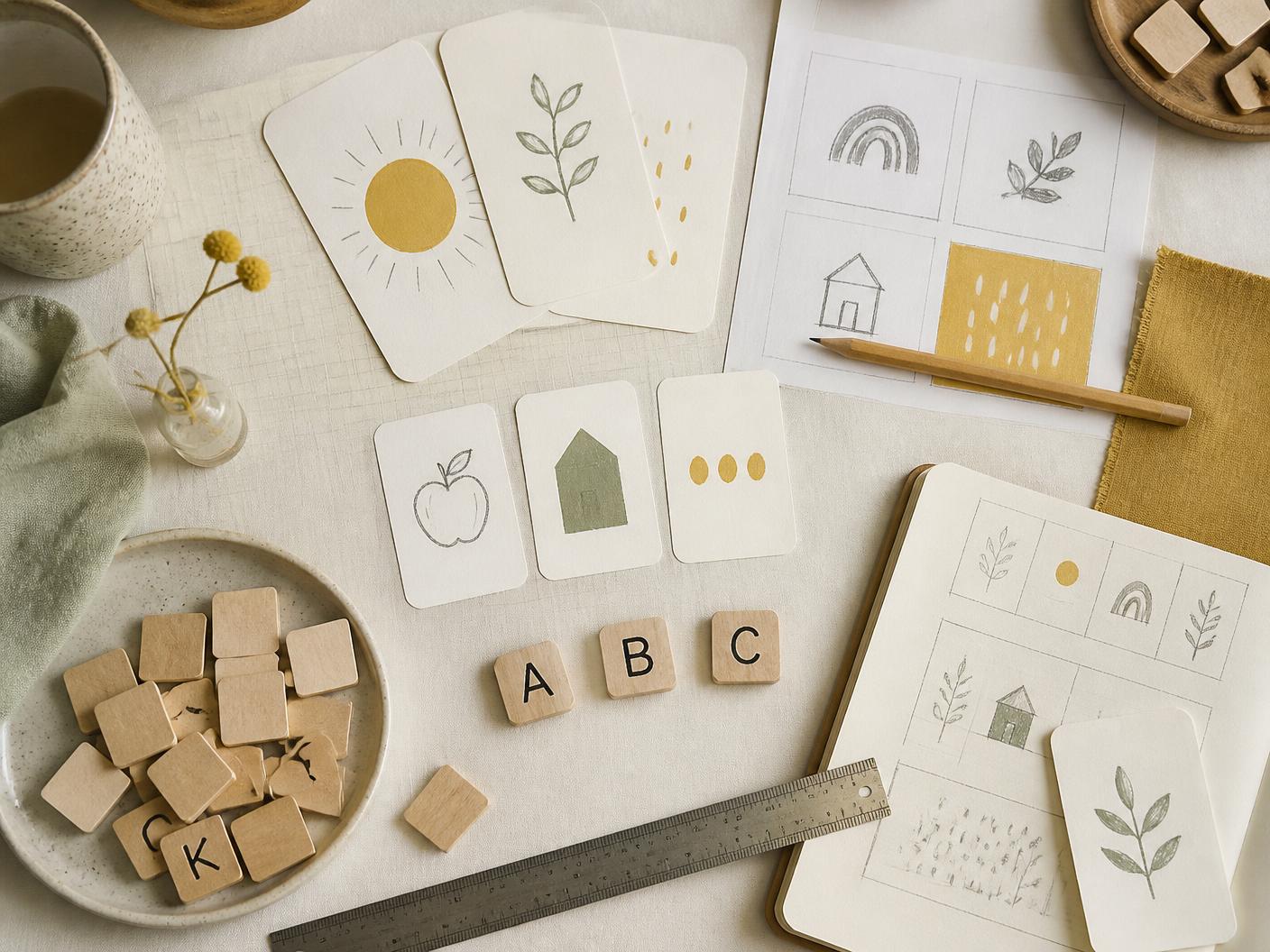 Early PreKit design sketches, paper prototype cards and wooden letter tiles laid out on a workbench